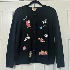 Tia Designs Womens Medium Sock Hop 1950s Embroidered Button Cardigan Sweater VTG